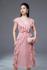 Robe mi-longue en organza à volants et col en V Susie