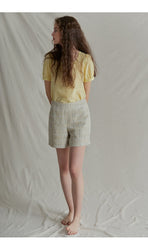 Short Sleeve Puff Linen Top with Rounded Neckline
