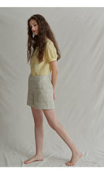 Short Sleeve Puff Linen Top with Rounded Neckline