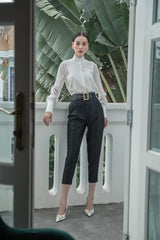 High-waisted silk pants with pleated front and tapered leg for refined tailored styling