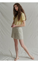 Short Sleeve Puff Linen Top with Rounded Neckline