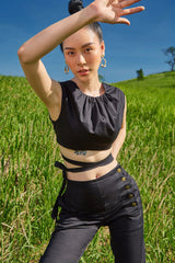 亚麻高腰直筒裤，侧纽扣设计 - 夏季修身长裤