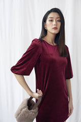 Velvet mini dress with half sleeves and tailored silhouette for modern evening styling