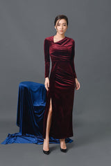 Long-sleeve body-skimming velvet dress with side slit and soft ruched detailing
