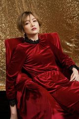 Velvet midi dress with lace trim, high neckline, and long sleeves for elegant occasions