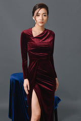Long-sleeve body-skimming velvet dress with side slit and soft ruched detailing