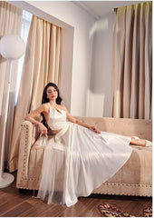 Asymmetrical Organza and Silk Midi Dress with Sheer Overlay and Sculpted Waist Detail
