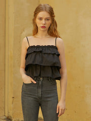 Ruffled Linen Camisole Top with Adjustable Spaghetti Straps