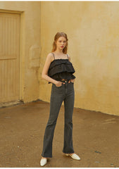Ruffled Linen Camisole Top with Adjustable Spaghetti Straps