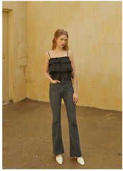 Ruffled Linen Camisole Top with Adjustable Spaghetti Straps