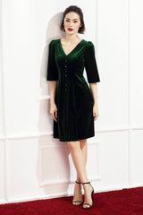 Velvet A-line dress with V-neckline, fitted bodice, and half sleeves for timeless elegance