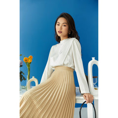 Silk Long Sleeve Top with High Neckline and Draped Shoulder Detail for Elegant Styling