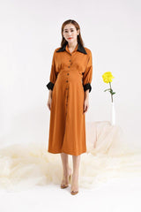Silk Button-Down Midi Shirt Dress with Contrast Collar Detail
