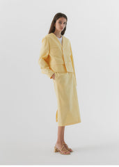 Blazer en lin boutonné à col en V et poches pour femme