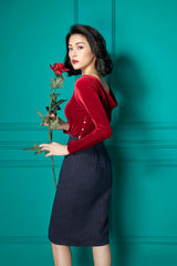 High-waisted velvet pencil skirt with side slit and textured stretch fit for elegant styling