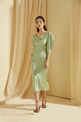 Silk Midi Dress with Draped Cowl Neckline, Ruched Back, and Puff Sleeves for Elegant Fit