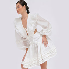 Tiered ruffle mini dress in sheer organza with balloon sleeves and open back tie detail