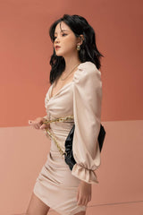 Silk Draped Mini Dress with Puff Long Sleeves and Sweetheart Neckline