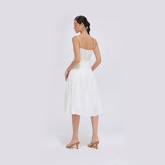 Sleeveless silk organza midi dress with corset bodice and gathered full skirt design