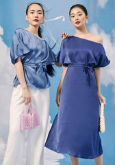 Robe midi en soie à une épaule avec lien à la taille et jupe fluide