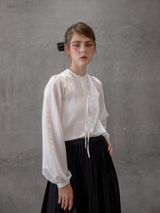 Silk Long Sleeve Blouse with Tie Neck and Billowed Cuffs for Elegant Day-to-Evening Wear
