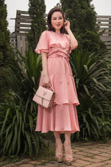 Silk Midi Dress with Tiered Skirt, Waist Tie Belt and Flutter Sleeves for Elegant Occasions