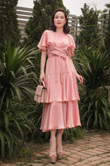 Silk Midi Dress with Tiered Skirt, Waist Tie Belt and Flutter Sleeves for Elegant Occasions
