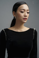Velvet boat neck midi dress with pearl shoulder detail and tailored waist silhouette