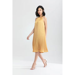 Silk Pleated Halter Midi Dress with High Neckline and Flowing A-Line Silhouette