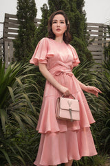 Silk Midi Dress with Tiered Skirt, Waist Tie Belt and Flutter Sleeves for Elegant Occasions