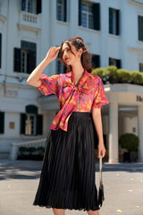 Elegant Pleated Midi Skirt in Pure Silk with Flowy A-Line Silhouette and High Waist Design