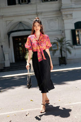 Elegant Pleated Midi Skirt in Pure Silk with Flowy A-Line Silhouette and High Waist Design