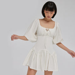 Silk Organza Puff Sleeve Mini Dress with Ruched Bodice and Flared Skirt Design