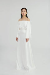 Off-Shoulder Long Sleeve Gown in Flowing Silk with Elegant Draped Silhouette