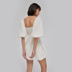 Silk Organza Puff Sleeve Mini Dress with Ruched Bodice and Flared Skirt Design
