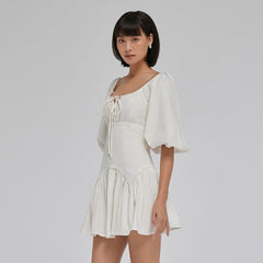 Silk Organza Puff Sleeve Mini Dress with Ruched Bodice and Flared Skirt Design
