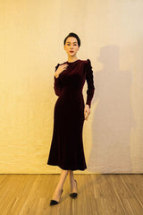 Velvet midi dress with ruched shoulders and fitted silhouette for timeless evening elegance