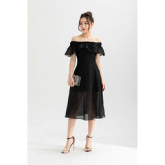 Silk Organza Off-Shoulder Midi Dress with Ruffled Neckline and Sheer Flared Skirt
