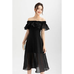 Silk Organza Off-Shoulder Midi Dress with Ruffled Neckline and Sheer Flared Skirt