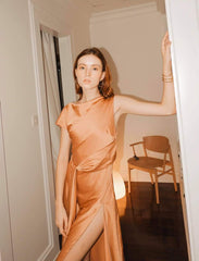 Asymmetric Silk Dress with High Slit and Draped Waist Detailing for Evening Elegance