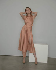 Asymmetric Sleeveless Silk Dress with Draped Waist and Front Thigh Slit Detail