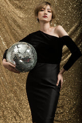 Velvet pencil skirt with tailored silhouette and satin contrast for elevated evening dressing