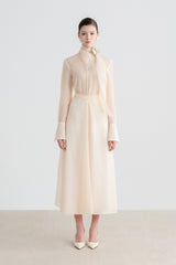 Elegant Midi Dress with High Neck Scarf Detail and Waist Tie Silhouette