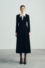 Structured Crepe Midi Dress with Contrast Pointed Collar and Long Sleeve Design