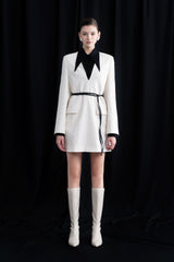 Textured Crepe Mini Dress with Oversized Pointed Collar and Long Sleeve Design