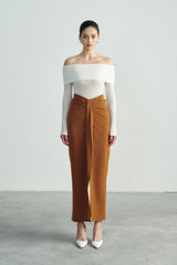 Off-Shoulder Stretch Knit Top with Folded Neckline and Long Slim Sleeves