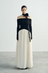 Off-Shoulder Fitted Bodice Long Sleeve Dress In Soft Textured Crepe With Gathered Maxi Skirt