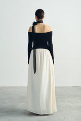 Off-Shoulder Fitted Bodice Long Sleeve Dress In Soft Textured Crepe With Gathered Maxi Skirt