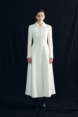 Textured wool blend double-breasted long coat with structured tailoring