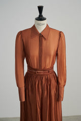 Long-Sleeve Belted Shirt Dress with Structured Cuffs and Gathered Full-Length Skirt